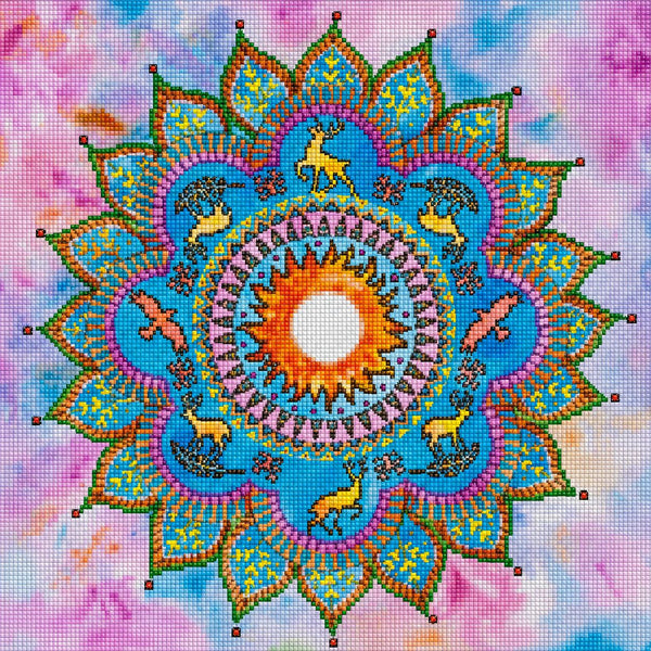 Diamond Painting ein detailliertes kreisförmiges Mandala-Ornament in Gold und Pastelltönen. Mockup.