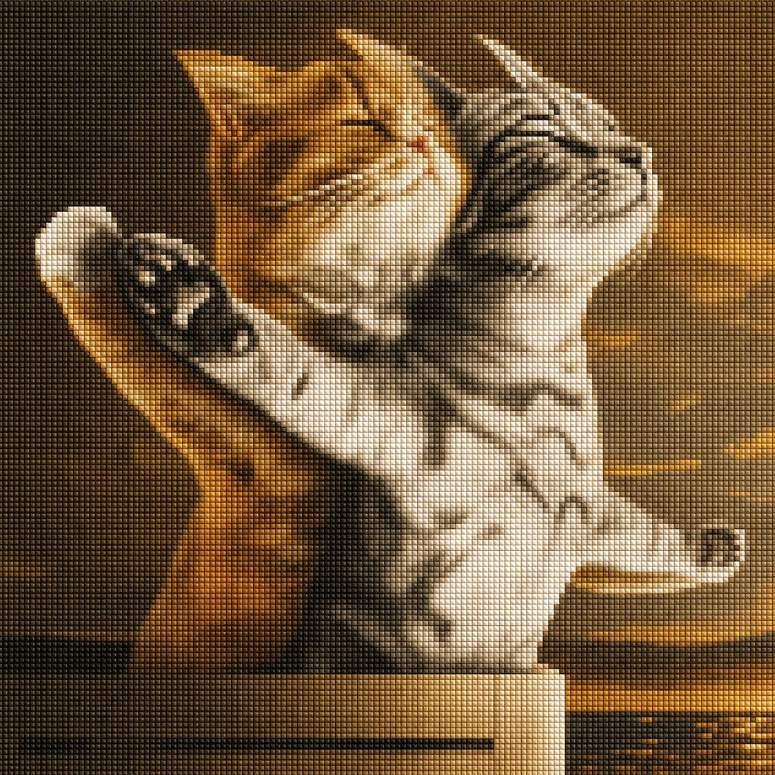 Diamond Painting zwei Katzen am Bug eines Schiffes im Stil der Titanic Filmszene bei Sonnenuntergang. Mockup.
