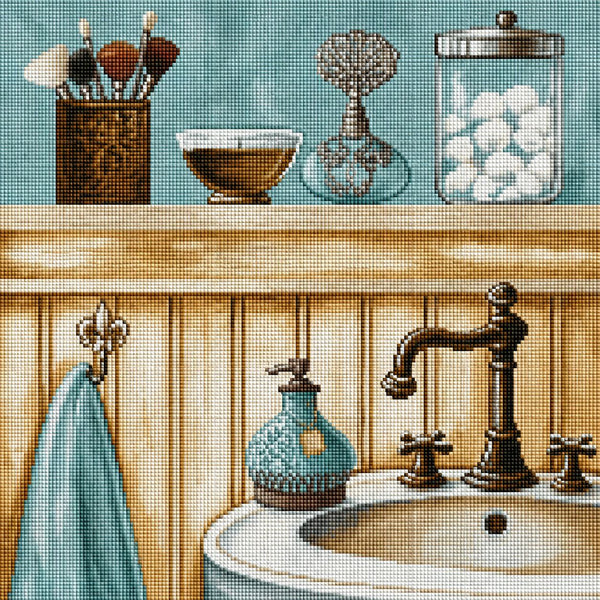 Diamond Painting Stillleben einer Badewanne mit Blumen und Kerzen im gemütlichen Landhausstil. Mockup.
