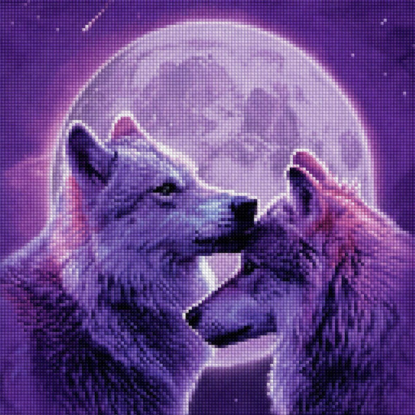 Diamond Painting zwei Wölfe die sich vor einem großen Vollmond in violettem Licht zärtlich berühren. Mockup.