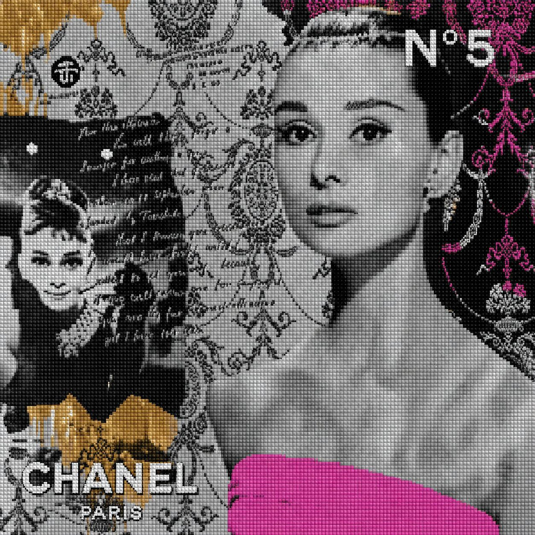 Diamond Painting Audrey Hepburn Porträt in Schwarz-Weiß mit einem leuchtend pinken Farbakzent. Mockup.