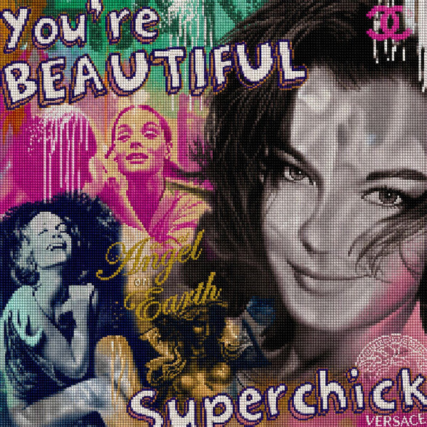 Diamond Painting Romy Schneider Porträt mit pinken Farbakzenten und Text 'You're beautiful'. Mockup.