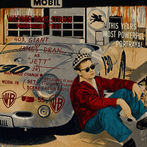 Diamond Painting James Dean sitzend vor einem Rennwagen in einer filmischen Collage. Mockup.