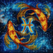Diamond Painting mit zwei Koi-Fischen und goldenem Fische-Symbol in leuchtender Unterwasseroptik. Mockup.