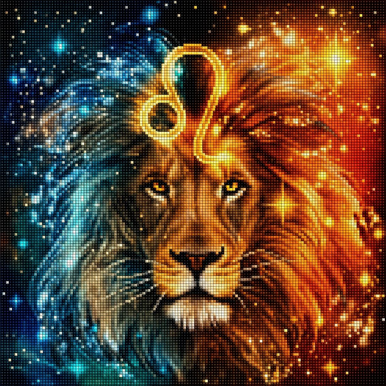 Diamond Painting Löwenkopf mit goldenem Löwe-Symbol und geteilter türkis-orangefarbener Mähne. Mockup.