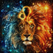 Diamond Painting Löwenkopf mit goldenem Löwe-Symbol und geteilter türkis-orangefarbener Mähne. Mockup.