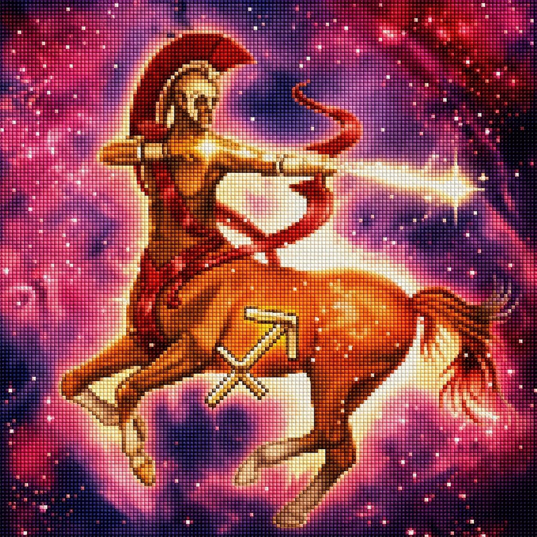 Diamond Painting Zentaur mit Bogen als Symbol des Sternzeichens Schütze vor kosmischem Hintergrund. Mockup.