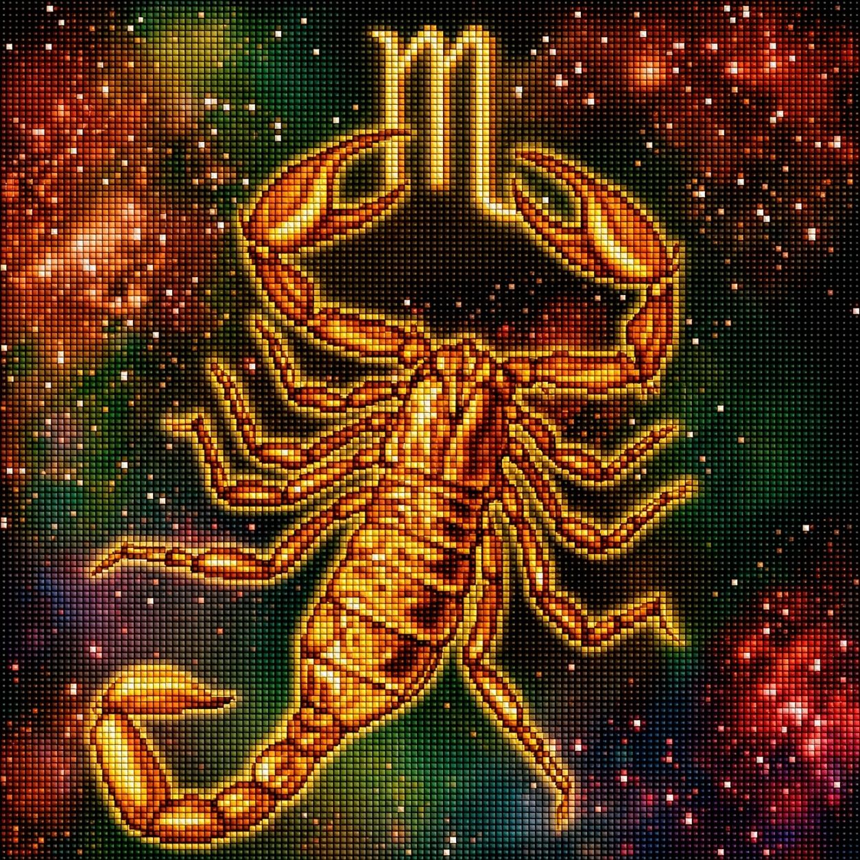 Diamond Painting mit goldenem Skorpion und Sternzeichen-Symbol vor kosmischem Hintergrund. Mockup.