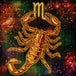 Diamond Painting mit goldenem Skorpion und Sternzeichen-Symbol vor kosmischem Hintergrund. Mockup.