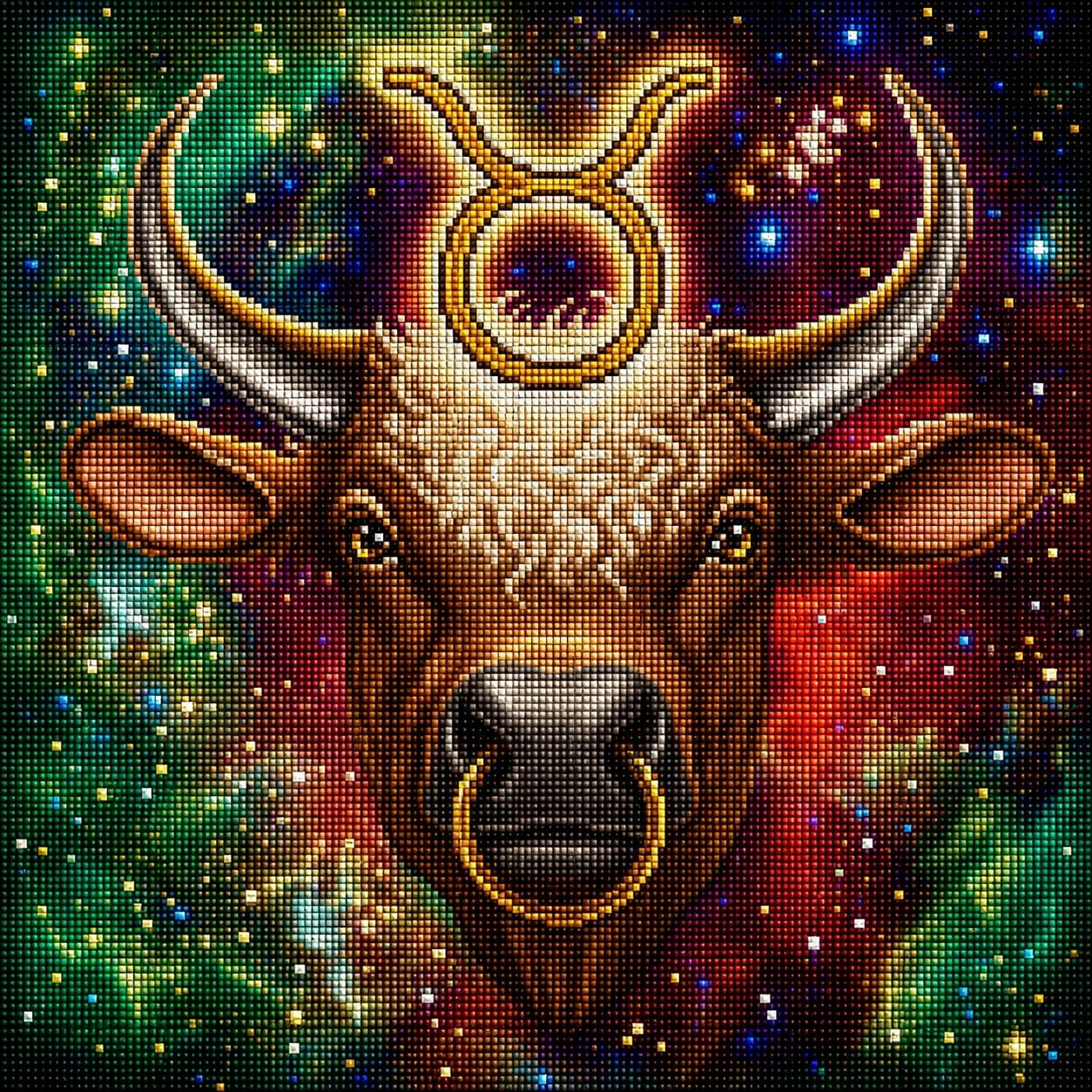 Diamond Painting mit Stierkopf, großen Hörnern und Stier-Symbol vor farbigem Sternenhimmel. Mockup.