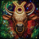 Diamond Painting mit Stierkopf, großen Hörnern und Stier-Symbol vor farbigem Sternenhimmel. Mockup.