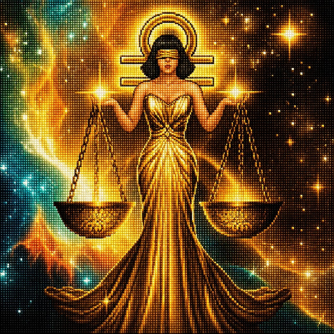 Diamond Painting mit Frau und goldener Waage vor einem funkelnden kosmischen Hintergrund. Mockup.