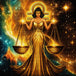 Diamond Painting mit Frau und goldener Waage vor einem funkelnden kosmischen Hintergrund. Mockup.