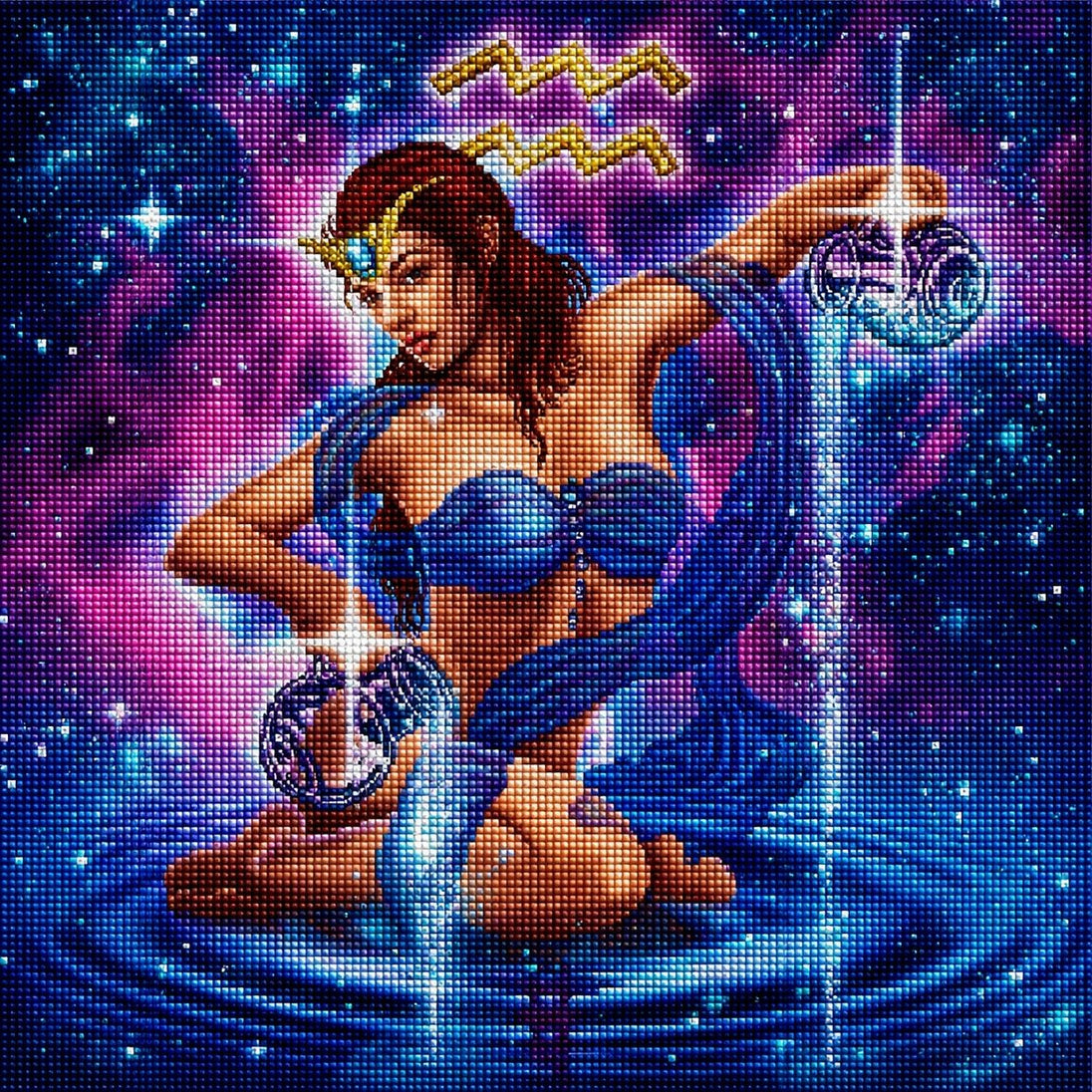 Diamond Painting Wassermann-Frau mit Wasserkrügen in einer blau-violetten Sternenlandschaft. Mockup.