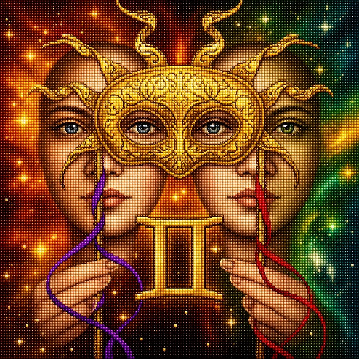 Diamond Painting mit zwei Gesichtern, goldener Maske und Zwillinge-Symbol vor kosmischem Hintergrund. Mockup.