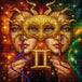 Diamond Painting mit zwei Gesichtern, goldener Maske und Zwillinge-Symbol vor kosmischem Hintergrund. Mockup.