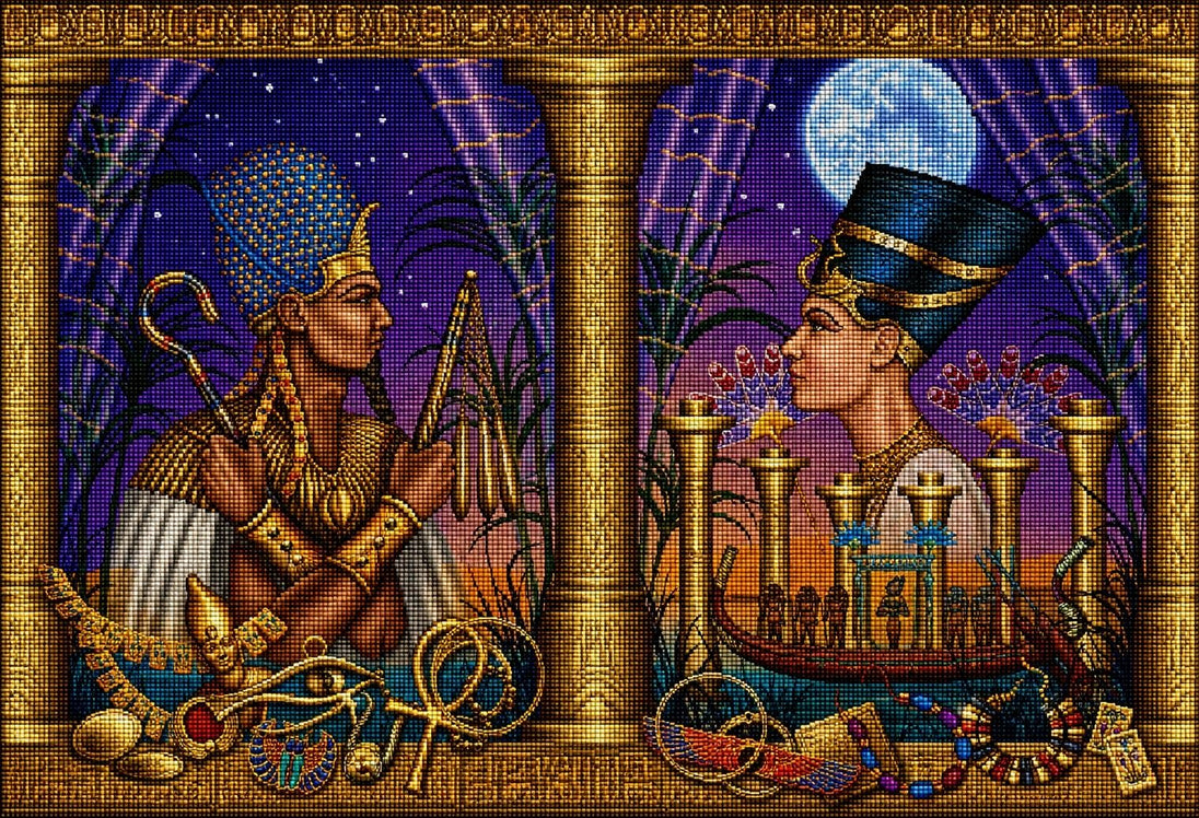 Diamond Painting von Nefertiti und Echnaton unter einem Vollmond mit ägyptischen Symbolen und Schmuck. Mockup.