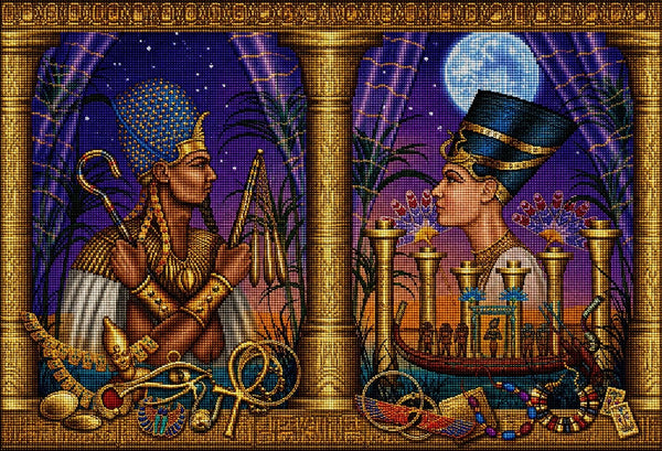 Diamond Painting von Nefertiti und Echnaton unter einem Vollmond mit ägyptischen Symbolen und Schmuck. Mockup.