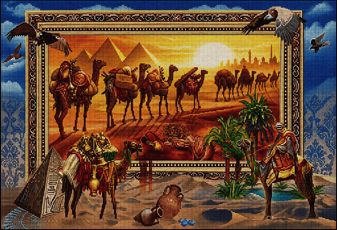 Diamond Painting einer Karawane mit Kamelen vor den Pyramiden von Ägypten im goldenen Sonnenuntergang. Mockup.