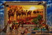 Diamond Painting einer Karawane mit Kamelen vor den Pyramiden von Ägypten im goldenen Sonnenuntergang. Mockup.