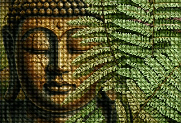 Diamond Painting eines Buddhas aus Stein, der teilweise von grünen Farnblättern verdeckt wird. Mockup.