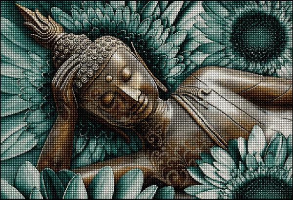 Diamond Painting eines liegenden Buddhas in Bronzeoptik auf einem Hintergrund aus großen türkisen Blumen.  Mockup.