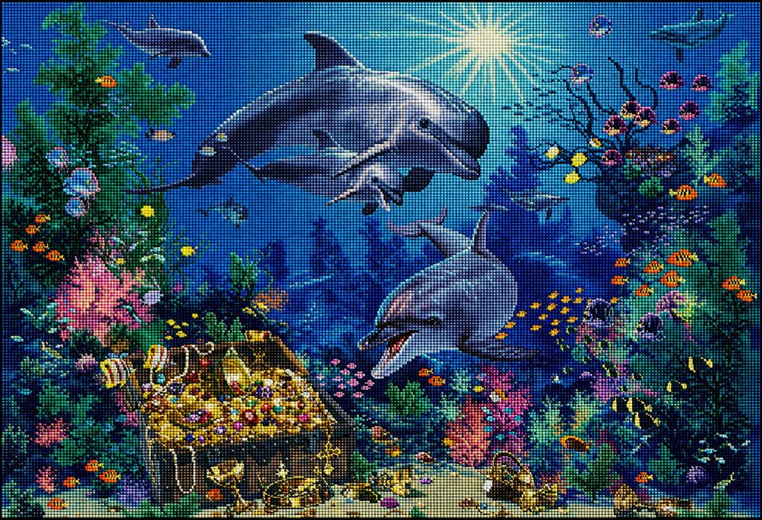 Diamond Painting einer Unterwasserwelt mit Delfinen, bunten Fischen und einer offenen Schatztruhe voll Gold. Mockup.