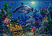 Diamond Painting einer Unterwasserwelt mit Delfinen, bunten Fischen und einer offenen Schatztruhe voll Gold. Mockup.