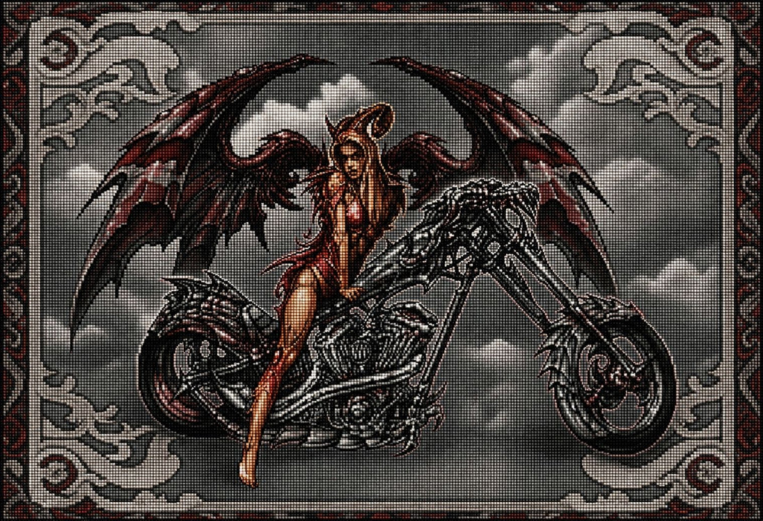 Diamond Painting einer geflügelten Frau mit Hörnern auf einem Motorrad in Drachenoptik auf grauem Grund. Mockup.
