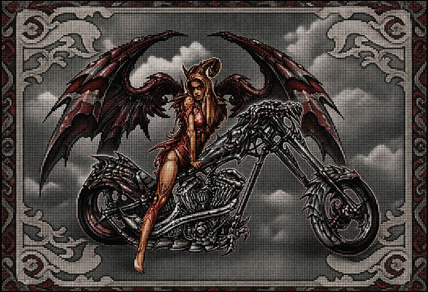 Diamond Painting einer geflügelten Frau mit Hörnern auf einem Motorrad in Drachenoptik auf grauem Grund. Mockup.