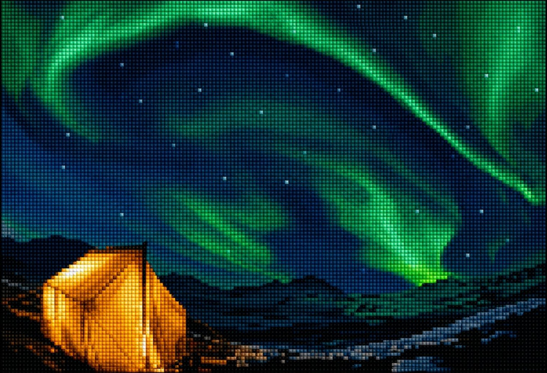 Diamond Painting einer beleuchteten Hütte unter grünem Nordlicht und dunklem Nachthimmel. Mockup.