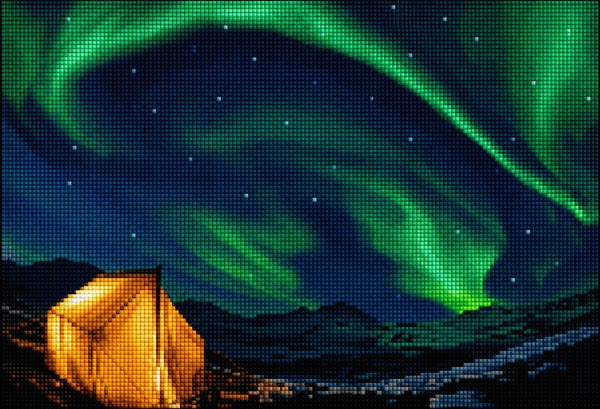 Diamond Painting einer beleuchteten Hütte unter grünem Nordlicht und dunklem Nachthimmel. Mockup.