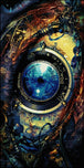 Diamond Painting eines mechanischen Steampunk-Auges mit blauer Linse eingebettet in kupferfarbene Zahnräder und Technik. Mockup.