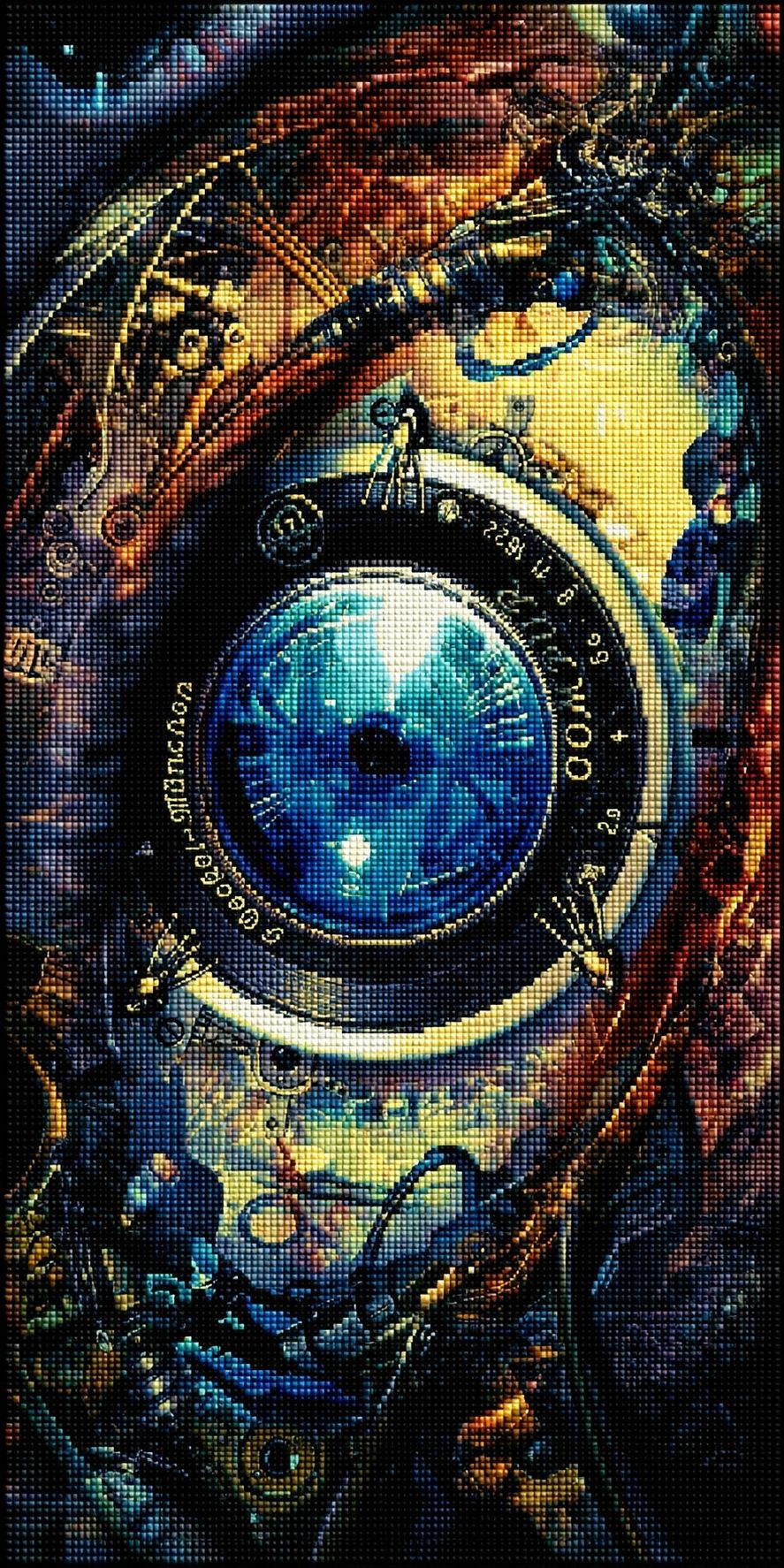 Diamond Painting eines mechanischen Steampunk-Auges mit blauer Linse eingebettet in kupferfarbene Zahnräder und Technik. Mockup.