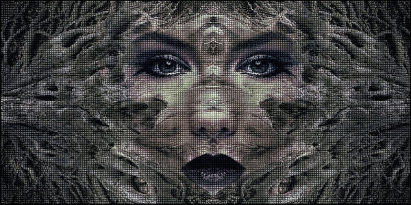 Diamond Painting eines Frauengesichts, das symmetrisch in ein dichtes Netz aus Baumwurzeln übergeht. Mockup.