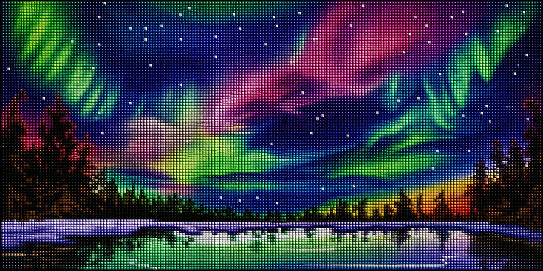 Diamond Painting von grünen Nordlichtern über einem ruhigen Waldsee mit Bäumen im Vordergrund. Mockup.