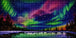 Diamond Painting von grünen Nordlichtern über einem ruhigen Waldsee mit Bäumen im Vordergrund. Mockup.