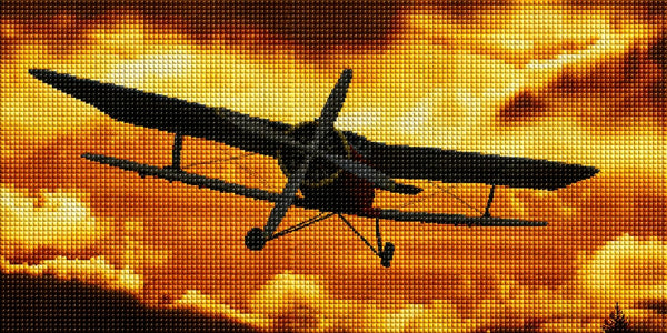 Diamond Painting mit Doppeldecker als Silhouette vor goldorange leuchtendem Wolkenhimmel. Mockup.