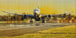Diamond Painting eines Passagierflugzeugs beim Start auf einer beleuchteten Startbahn. Mockup.