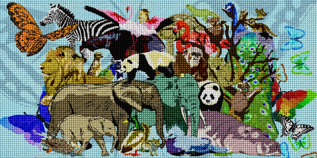 Diamond Painting mit Zebra, Löwe, Elefant, Panda, Flamingo und weiteren Tieren auf hellblauem Hintergrund. Mockup.