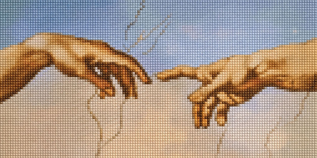 Diamond Painting mit zwei sich beinahe berührenden Händen aus Michelangelos Erschaffung Adams. Mockup.