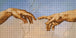 Diamond Painting mit zwei sich beinahe berührenden Händen aus Michelangelos Erschaffung Adams. Mockup.
