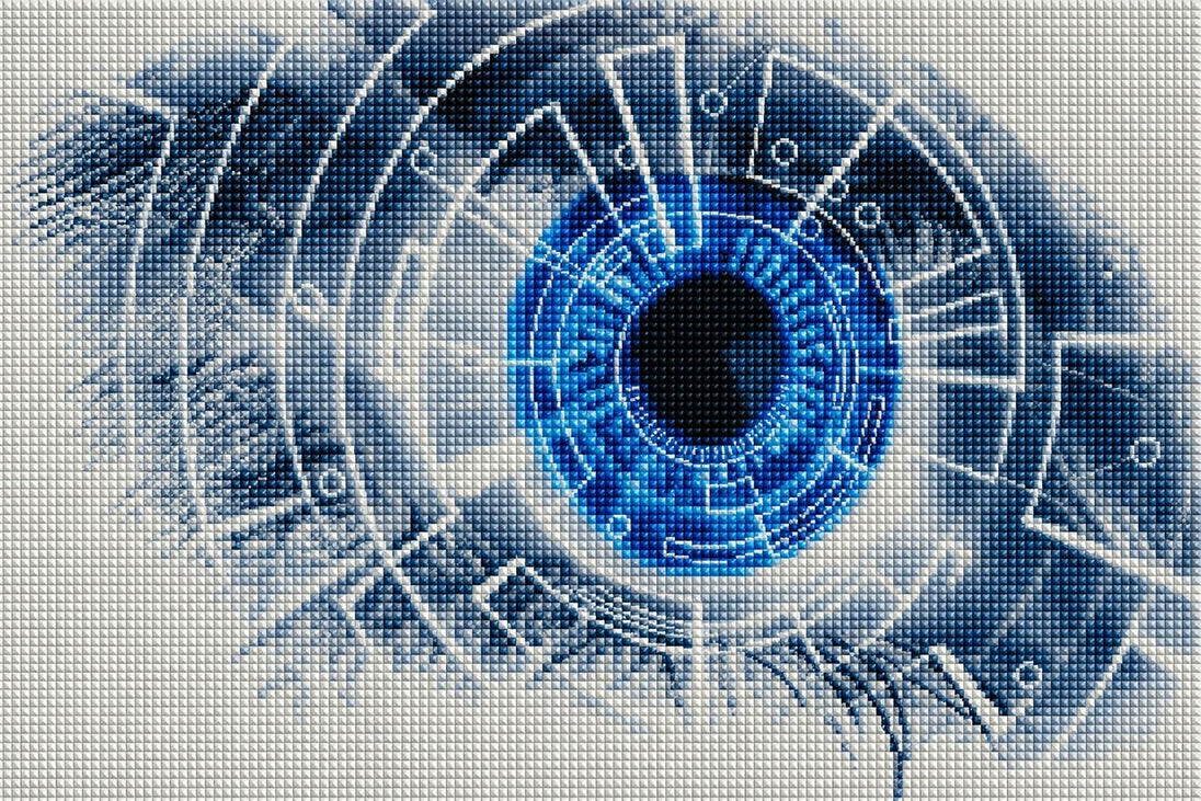 Diamond Painting eines blauen menschlichen Auges mit digitalen HUD-Einblendungen und technischen Grafiken.  Mockup.