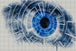 Diamond Painting eines blauen menschlichen Auges mit digitalen HUD-Einblendungen und technischen Grafiken.  Mockup.