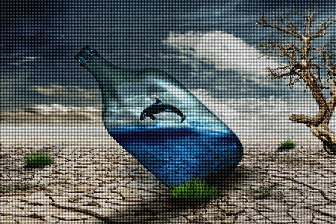 Diamond Painting einer Glasflasche mit Delfin im Meer auf trockenem Wüstenboden unter Regen. Mockup.