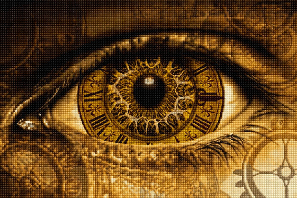 Diamond Painting eines menschlichen Auges, dessen Iris ein antikes Uhrenzifferblatt mit römischen Zahlen zeigt. Mockup.