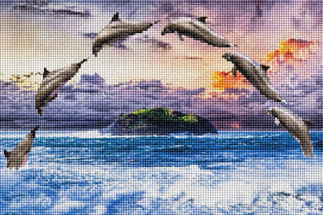 Diamond Painting einer Gruppe von Delfinen, die kreisförmig über eine kleine Insel im Meer springen. Mockup.