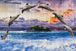 Diamond Painting einer Gruppe von Delfinen, die kreisförmig über eine kleine Insel im Meer springen. Mockup.