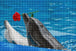 Diamond Painting eines Delfins, der eine rote Rose im Maul hält und aus blauem Wasser schaut.  Mockup.