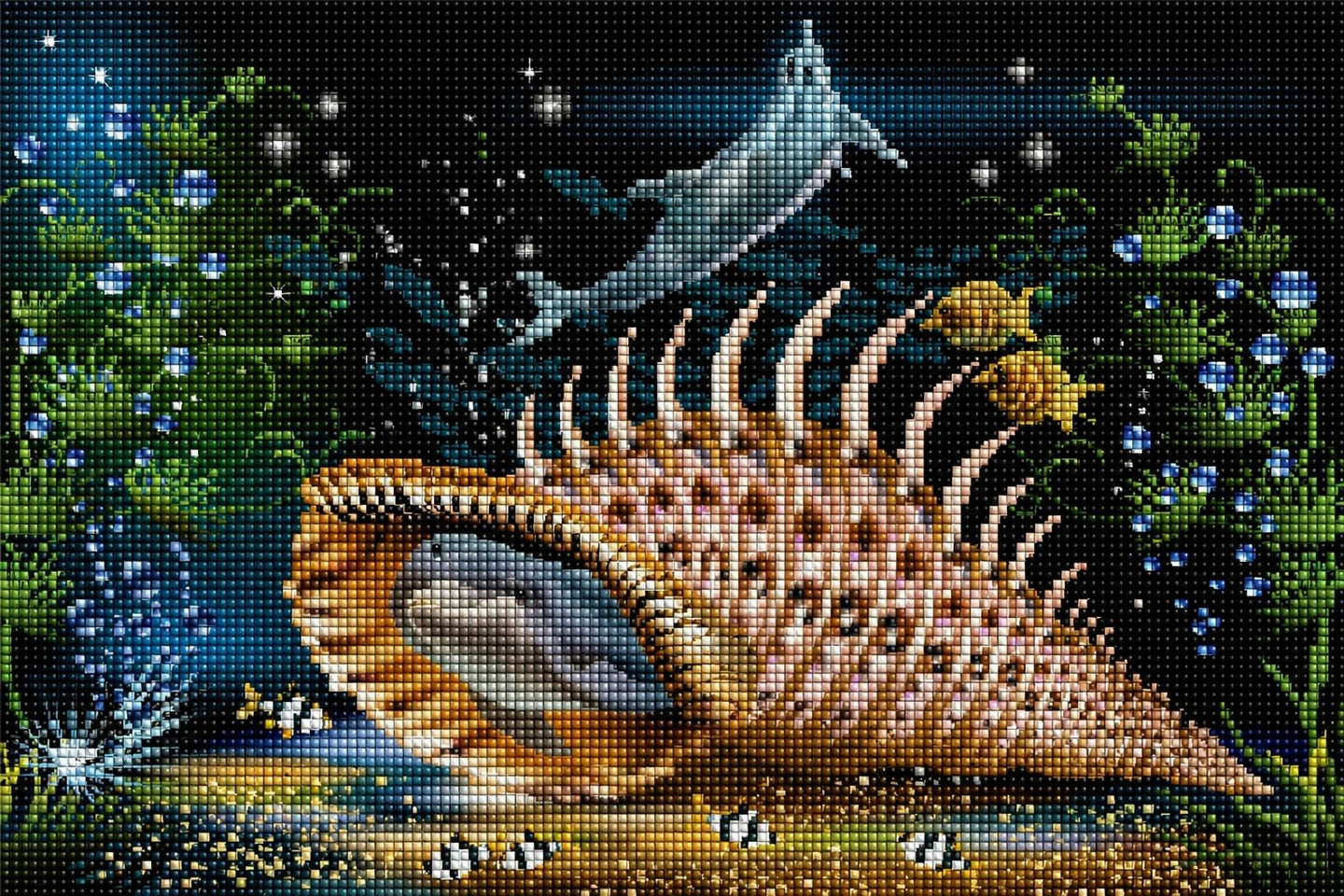 Diamond Painting eines Delfins, der in einer großen Muschel am Meeresgrund lebt, umgeben von Fischen. Mockup.